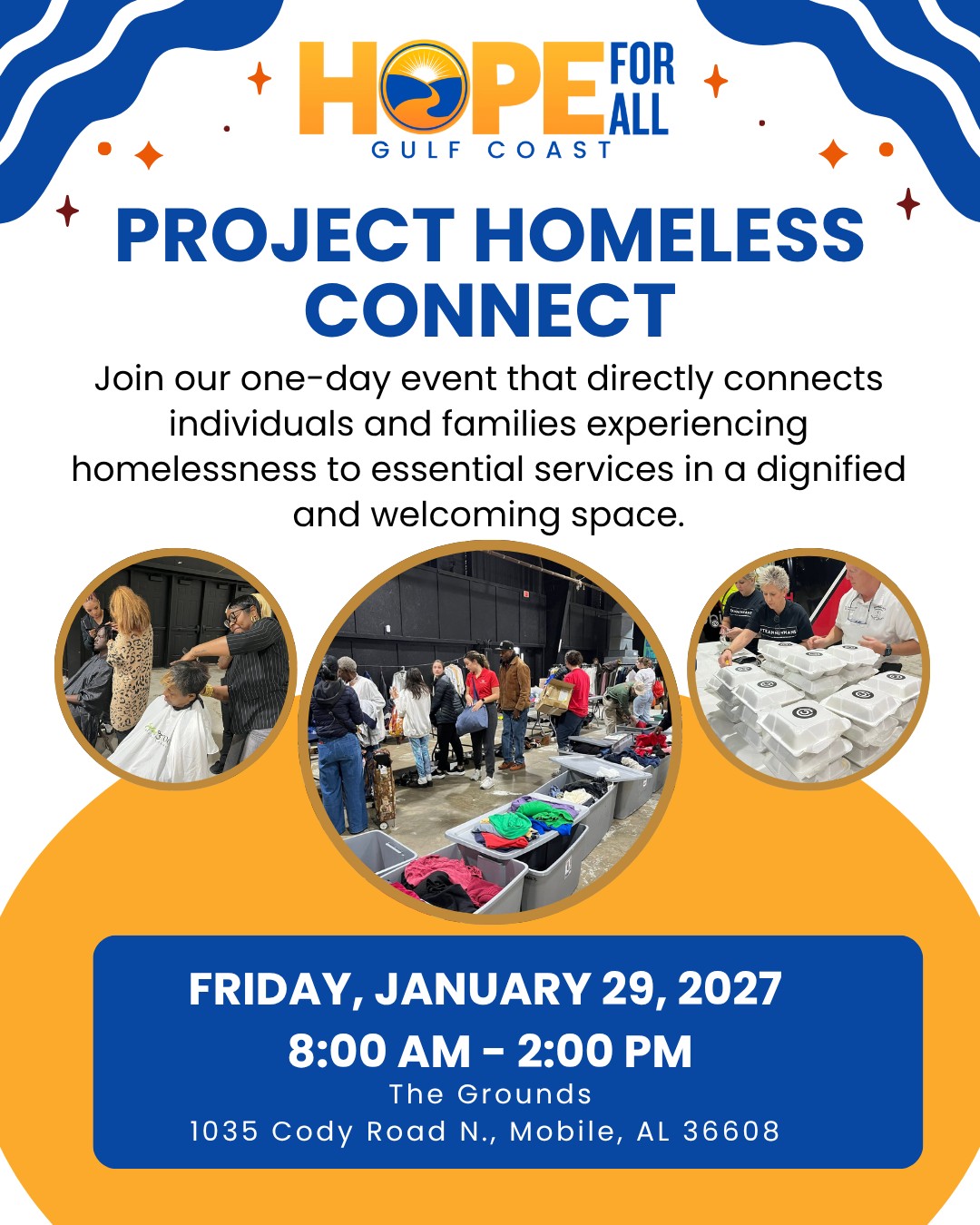 Event graphic for "Project Homeless Connect" hosted by Hope For All Gulf Coast on Friday, January 29, 2027, from 8:00 AM to 2:00 PM at The Grounds (1035 Cody Road N., Mobile, AL 36608).